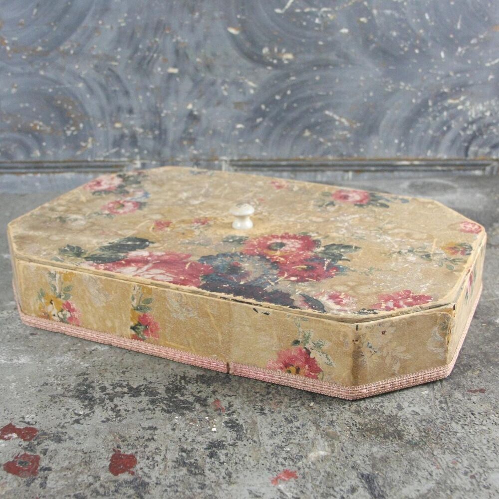 Antique Floral Wallpaper Covered Octagon-Shaped Sewing Box, circa early 1900s